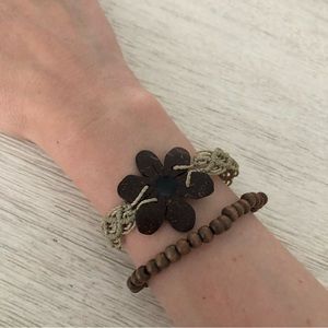 Coconut flower macrame bracelet from Costa Rica and wooden bead bracelet set